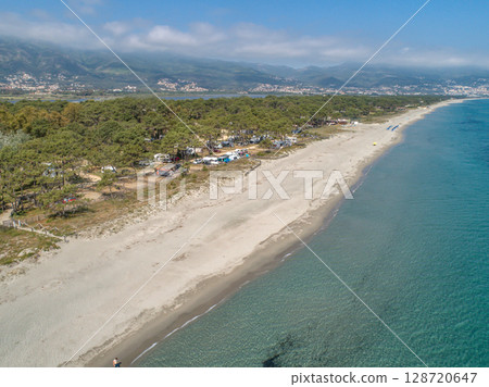 Aerial view of detail of campsite on Corsican coast near Bastia Etang de Biguglia Camping San Daminao Beachside Corse Aerial view of detail of campsite on Corsican coast near Bastia Etang de Biguglia Camping San Daminao Beachside Corse 128720647