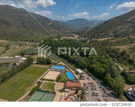 Aerial View Popular tourist camping Sagone Campsite hilltop located on the western coast of Corsica island Corse France 128720650