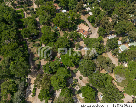 Aerial View Popular tourist camping Sagone Campsite hilltop located on the western coast of Corsica island Corse France 128720653