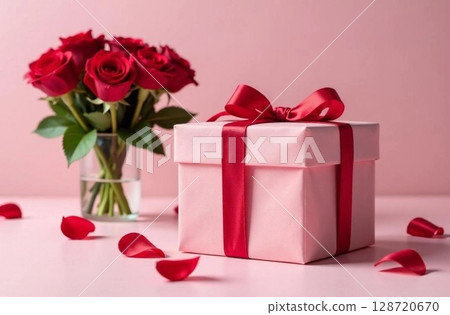 A present gift box and red rose bouquet at pink background. Image created by artificial intelligence A present gift box and red rose bouquet at pink background. Image created by artificial intelligence 128720670