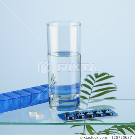 Health care composition with pills, glass of pure water and container for pills on glass shelf with copy space. Flu season and no virus concept. Natural vitamins and nutrients for good health Health care composition with pills, glass of pure water and container for pills on glass shelf with copy space. Flu season and no virus concept. Natural vitamins and nutrients for good health 128720687