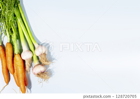Natural carrots and garlic on light blue background with copy space. New crop vegetables. Organic, farm, season food. vegan and vegetarian healthy food. Agriculture and harvest concept. Flat lay Natural carrots and garlic on light blue background with copy space. New crop vegetables. Organic, farm, season food. vegan and vegetarian healthy food. Agriculture and harvest concept. Flat lay 128720705