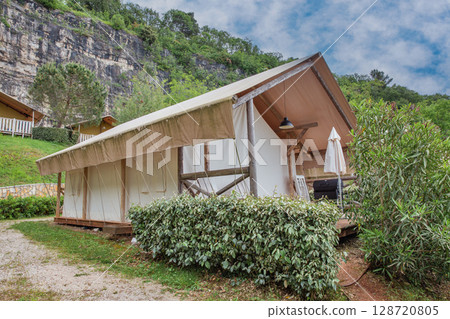 Glamping tent accommodation in scenic Croatian countryside. Glamping tent accommodation in scenic Croatian countryside. 128720805
