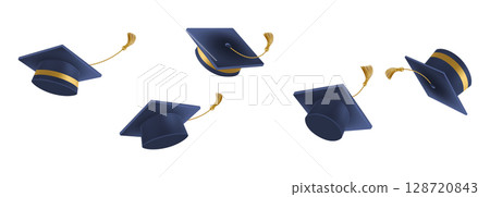 Graduates celebration. 3D Flying black graduate hat 128720843