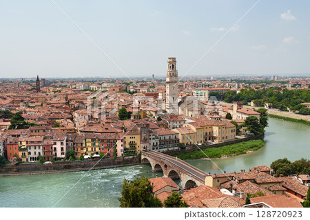 Panoramic view of Verona with the river Adige and historic architecture. Panoramic view of Verona with the river Adige and historic architecture. 128720923