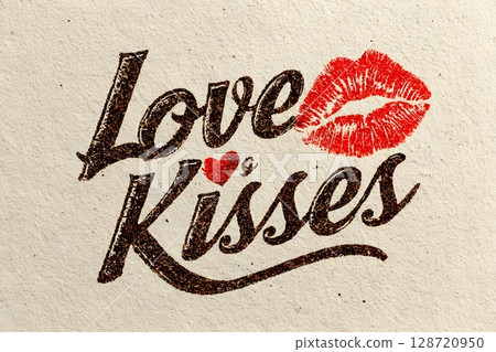 Stylish handwritten Love Kisses text in brown on textured paper with a bold red lipstick print. This illustration conveys affection and romance in a vintage-inspired design. 128720950