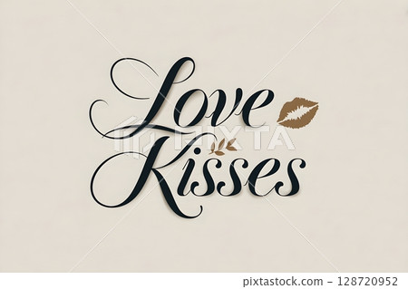 Elegant Love Kisses lettering in black script on a cream background, accented with a brown lip print. The design exudes romance and sophistication in a timeless style. 128720952