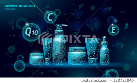 Cosmetic product set polygonal illustration. Skincare beauty products vitamins lowpoly design. Health wellness dermatology beauty salon. Dark blue background blue polygon vector Cosmetic product set polygonal illustration. Skincare beauty products vitamins lowpoly design. Health wellness dermatology beauty salon. Dark blue background blue polygon vector 128721046