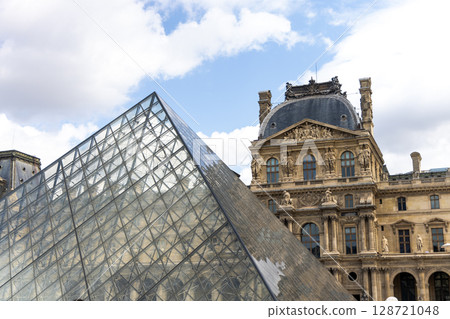 Scenic View of the Louvre Museum and Glass Pyramids in Paris, France 128721048