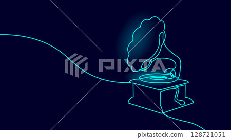Gramophone one line drawing design. Continuous contour record player vintage style. Retro audio music entertainment business. Dark backdrop neon color vector 128721051