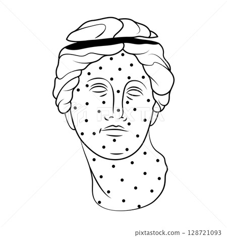 Vector woman statue head with dotted pattern. Element for Greek sculpture or ancient female portrait. Renaissance marble face or sliced monument portrait. Aphrodite symbol. Culture and mythology. Vector woman statue head with dotted pattern. Element for Greek sculpture or ancient female portrait. Renaissance marble face or sliced monument portrait. Aphrodite symbol. Culture and mythology. 128721093