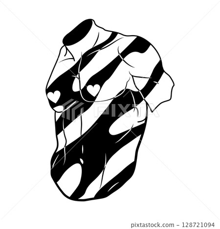 Male sexual torso statue with hearts. Vector muscular body part with romantic element. Sexy man physique chest for love, romance, attraction. Sculpted upper body for human anatomy. Masculinity. 128721094