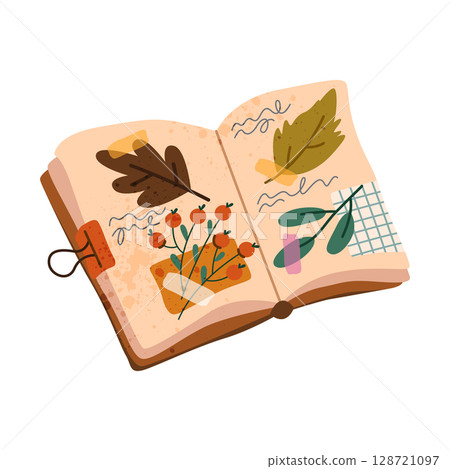 Herbarium book vector icon. Botanical journal or page with autumn leaf, fall plant specimen. Nature documentation and berry collection. Ecology and botany education, biology library, nature archive. Herbarium book vector icon. Botanical journal or page with autumn leaf, fall plant specimen. Nature documentation and berry collection. Ecology and botany education, biology library, nature archive. 128721097