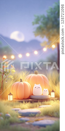 3D illustration of Halloween pumpkins and lanterns wrapped in gentle light 128721098