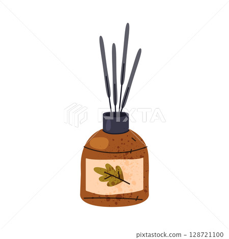 Vector incense sticks in jar with autumn leaf fragrance. Icon of aromatic home decor or fall ornament, seasonal atmosphere and relaxation. Scent for spa and calming smoke. Container for aromatherapy. 128721100