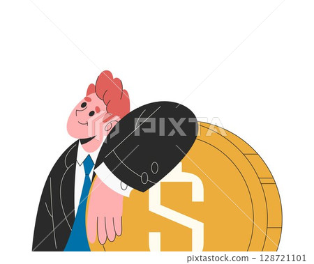 Financial support or money wealth sign. Vector man and currency or dollar coin. Fortune help and investment success, profit and income goal. Bank element. Earning help and cash savings, business 128721101