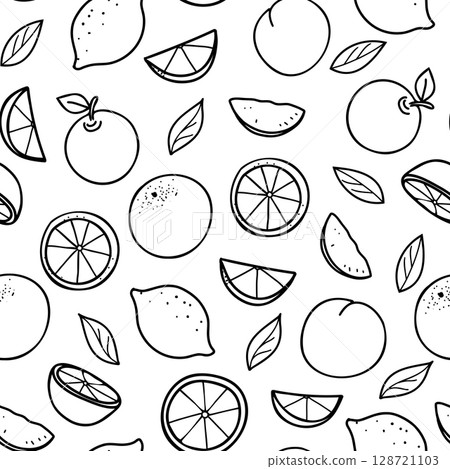 Fruit seamless vector pattern with Lemons, Oranges, Apples and Peaches. Exotic fruits drawing in Doodle style. For packaging paper, textile prints, wallpaper, summer designs. 128721103