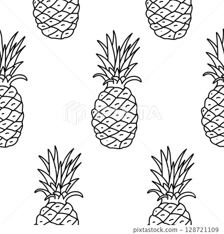 Pineapple Fruit seamless pattern. Exotic fruit drawing in Doodle style. For packaging paper, textile prints, wallpaper. 128721109