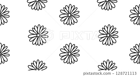 Daisy Flower floral seamless pattern. Black and white chamomile Vector drawing in simple Doodle style. For packaging, textile prints, wallpaper design. 128721113