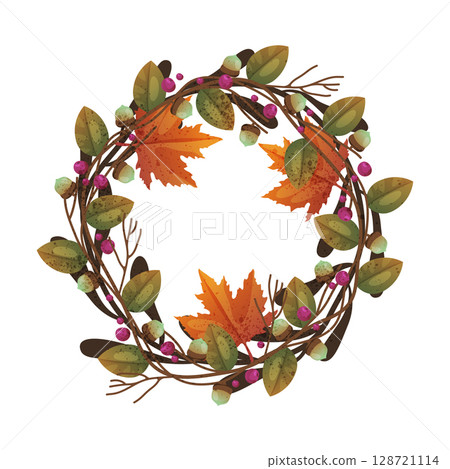 Fallen leaves wreath. Vector autumn leaf circle. Background fall ornament or thanksgiving foliage decoration. Seasonal nature backdrop for harvest holiday or festive. Forest and wood, garden symbol. 128721114