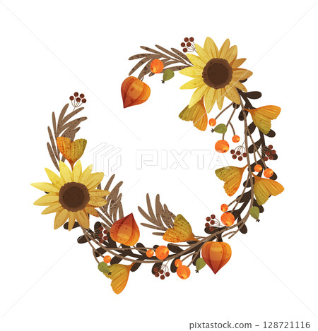Vector wreath made of autumn leaves. Seasonal background or fall backdrop. Thanksgiving leaf ornament or fall front door decoration. Harvest holiday botanical decor. Plant foliage for forest or wood. 128721116