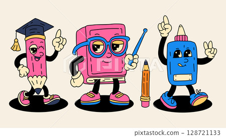 Back to School Vintage Retro Mascot Character Education Supplies Vector Set Book Glue and Pencil Stationery 128721133