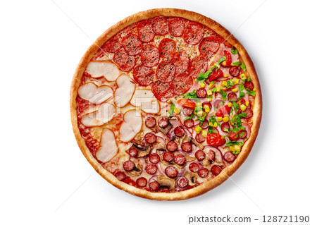Delicious pizza showing four different topping combinations on white background Delicious pizza showing four different topping combinations on white background 128721190