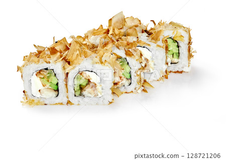 Bonito flakes covering sushi rolls with cucumber and cream cheese filling Bonito flakes covering sushi rolls with cucumber and cream cheese filling 128721206