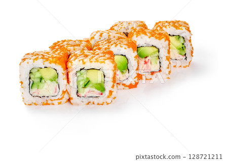 California uramaki sushi rolls with tobiko caviar, crab meat, avocado and cucumber lying on white background 128721211