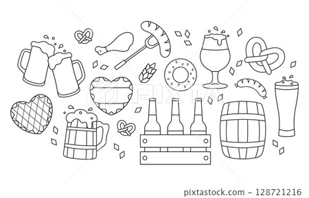 Oktoberfest, large vector set, traditional drinks and food, beer mugs, snacks, simple white black icons 128721216