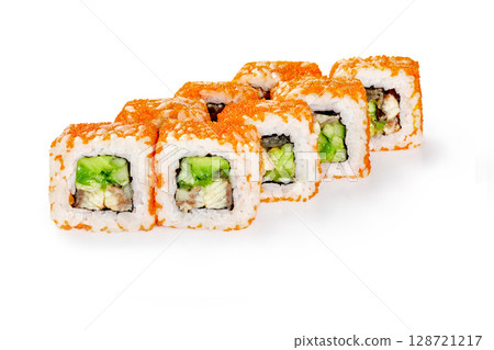 California uramaki sushi rolls with tobiko caviar, avocado and eel are lying on white background 128721217