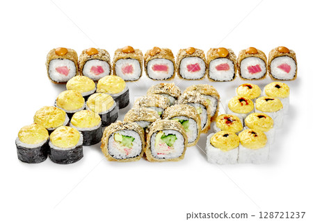 Variety of sushi rolls displaying different ingredients and preparation methods 128721237