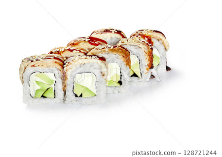 Delicious sushi rolls with eel, avocado, cream cheese, sesame seeds, and unagi sauce on white background Delicious sushi rolls with eel, avocado, cream cheese, sesame seeds, and unagi sauce on white background 128721244