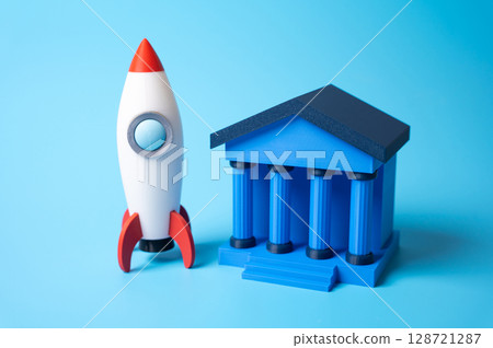 Bank building and rocket. Innovative banking. Fintech startup. Disruptive innovation in finance, rise of fintech platforms. Digital banking, decentralized finance, fast evolution of financial services 128721287