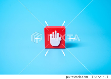 Block with stop symbol. Stop work, stop process. Danger. Halted operations, emergency protocols. Suspended processes, safety concerns. Administrative delays due to hazards, compliance issues 128721301