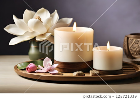 An aromatic diffuser, a burning candle, blooming magnolia flowers and perfumes on a wooden bamboo tray. 128721339