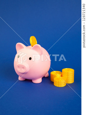 Piggy bank with gold coins. Wealth accumulation, secure money storage, long-term investment goals. Habit of personal budgeting or financial planning. Financial savings concept 128721340