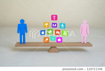 Figures of a man and a woman on scales for the distribution of responsibilities and family plans. Balancing roles within a household. Equality in parenting, career planning, and emotional labor. Figures of a man and a woman on scales for the distribution of responsibilities and family plans. Balancing roles within a household. Equality in parenting, career planning, and emotional labor. 128721346