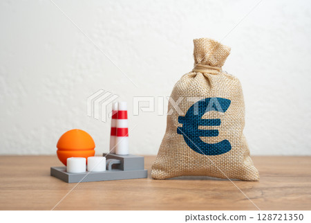 Power plant and euro money bag. Economic influence of European energy markets, rising operational costs. Renewable transitions, energy exports, and financial returns in utilities. Power plant and euro money bag. Economic influence of European energy markets, rising operational costs. Renewable transitions, energy exports, and financial returns in utilities. 128721350