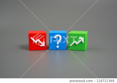 The question is where prices will go: up or down. Stock, futures and cryptocurrency quotes. Investor sentiment, volatility. Speculation, inflation impact, global events. Unpredictable pricing behavior 128721369
