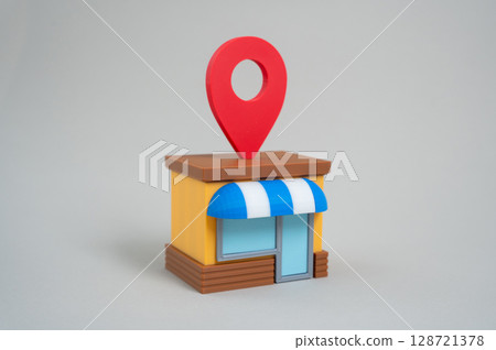 Geolocation pin symbol on the store. Advertising and attracting customers. Relevance of local business discovery, consumer navigation behavior. Hyperlocal advertising for real-world commerce. Geolocation pin symbol on the store. Advertising and attracting customers. Relevance of local business discovery, consumer navigation behavior. Hyperlocal advertising for real-world commerce. 128721378