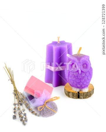Soap and scented candles with lavender extract isolated on white background. Free space for text. 128721399