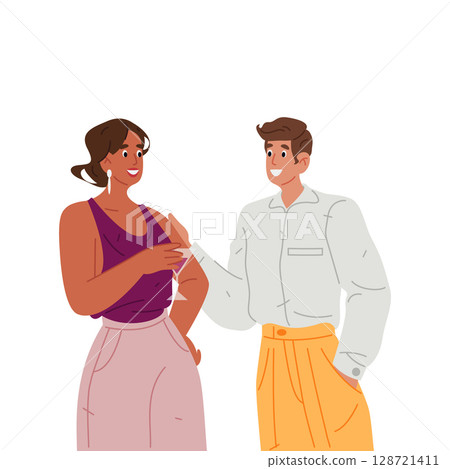 Pair at cocktail party. Vector couple enjoy drink at festive. Evening celebration, social alcohol gathering. Nightlife event with beverage with romantic communication or flirt. Conversation or date. Pair at cocktail party. Vector couple enjoy drink at festive. Evening celebration, social alcohol gathering. Nightlife event with beverage with romantic communication or flirt. Conversation or date. 128721411