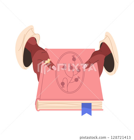 Reader giving book. Vector woman hands holding hardcover literature. Cartoon symbol for information or education content. Sign for diary, college or university journal. Palm with paperback. Education. 128721413