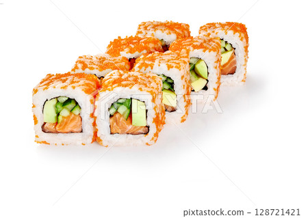 California uramaki rolls with masago, salmon, cucumber and avocado showing on white background California uramaki rolls with masago, salmon, cucumber and avocado showing on white background 128721421