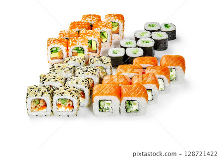 Variety of sushi rolls with different fillings lying on white surface Variety of sushi rolls with different fillings lying on white surface 128721422