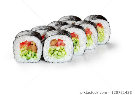 Delicious hosomaki showing rice, cucumber, tomato, and lettuce filling on white background Delicious hosomaki showing rice, cucumber, tomato, and lettuce filling on white background 128721428