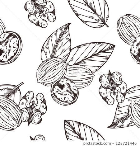 Seamless vector pattern of walnut, walnut leaves, peeled walnut. All objects are hand-drawn with ink. Illustration suitable for printing on wrapping paper, product packaging. Vector illustration Seamless vector pattern of walnut, walnut leaves, peeled walnut. All objects are hand-drawn with ink. Illustration suitable for printing on wrapping paper, product packaging. Vector illustration 128721446