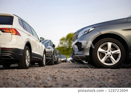 A row of various cars parked outdoors, potentially for sale or display, under a clear sky. 128721604