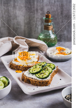Open sandwiches with ricotta, cucumber and soft-boiled egg on a plate on a table vertical view Open sandwiches with ricotta, cucumber and soft-boiled egg on a plate on a table vertical view 128721682